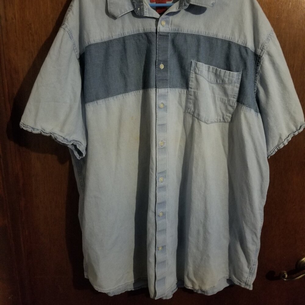 Foundry 3XLT banded denim shirt, discolored and stained - Picture 2 of 9